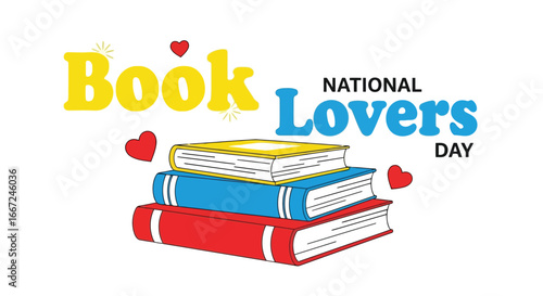 Vector art of a stack of colorful books with small hearts, celebrating national book lovers day, isolated on a