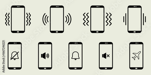 Smartphone Mode Icon Set Silent, Vibrate, Ring, Mute, and Airplane Mode Mobile Vector Symbols