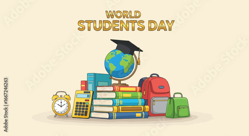 Vector art of world students day celebration with educational items like books, globe, graduation cap, calculator, alarm clock, and backpacks, symbolizing learning and academic achievement