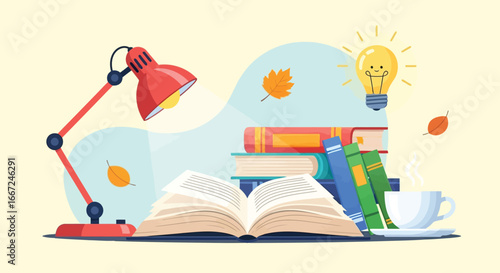Vector art of a desk setup with an open book, a stack of books, a desk lamp, a cup of coffee, and autumn leaves, representing study and inspiration