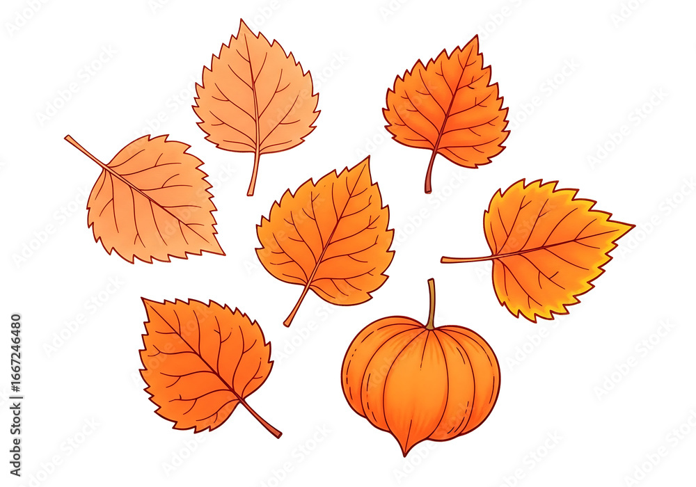 Fototapeta premium Vibrant autumn leaves and a pumpkin, arranged in an artistic display against a deep black background.