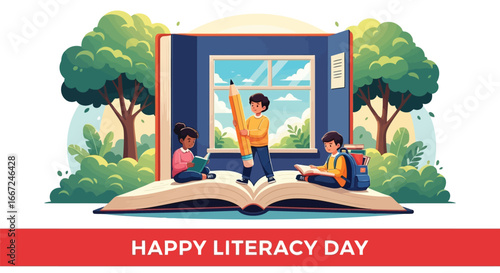 Vector art of happy literacy day with children reading a giant book outdoors, promoting education and the joy of learning