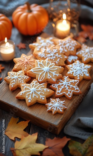 Baked Cookies Shaped Like Leaves and Decorated With Icing on a Rustic Wooden ...