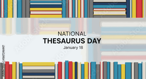Vector art of national thesaurus day january 18, with colorful books on a bookshelf background, celebrating vocabulary and language