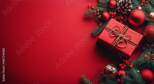Festive Red Gift Box Surrounded by Christmas Decorations on a Vibrant Background