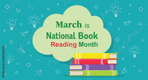 Vector art of march is national book reading month, celebrated with a stack of colorful books under a cloud shape, encouraging reading and learning throughout the month