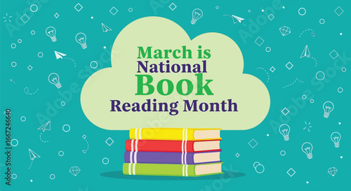 Vector art of march is national book reading month, celebrated with a stack of colorful books under a cloud shape, encouraging reading and learning throughout the month