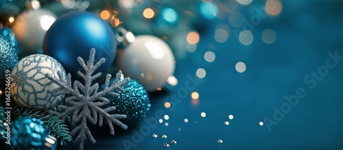 Blue Ornaments With Snowflakes on a Sparkly Table During the Winter Season.