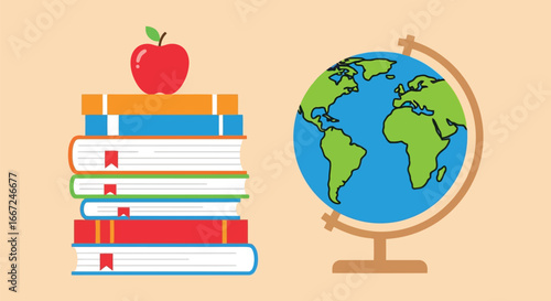 Vector art of education concept with stack of books and apple symbolizing learning and a globe representing worldwide knowledge and opportunities