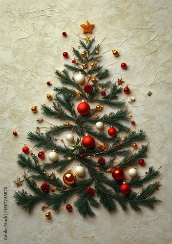 Decorative Christmas Tree Made From Branches and Ornaments Displayed on Textu...
