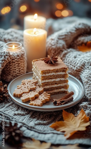 Delicious Layered Dessert With Cookies and Candles in Cozy Autumn Setting