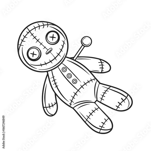 Artistic hand drawn voodoo doll illustration with distinctive button eyes and stitching details