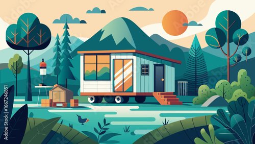 Embracing minimalism, tiny home movement highlights compact functional living, eco-friendly architecture, and sustainable design, semi-realistic abstraction blending modern elegance with timeless simp