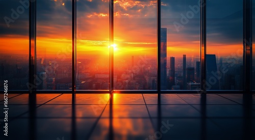 Stunning Sunset View Over a City Skyline From a High-Rise Building in the Eve...