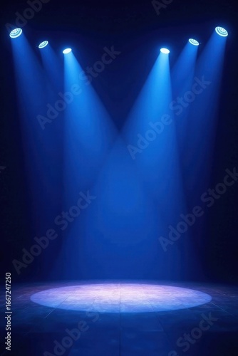 Deep blue stage, multiple spotlights create textured light, dramatic background, event, shadows