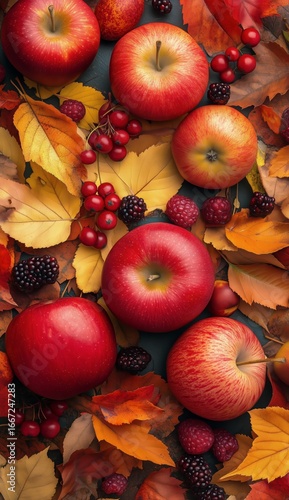 Colorful Autumn Fruits and Leaves Arranged Artistically on a Dark Background ...