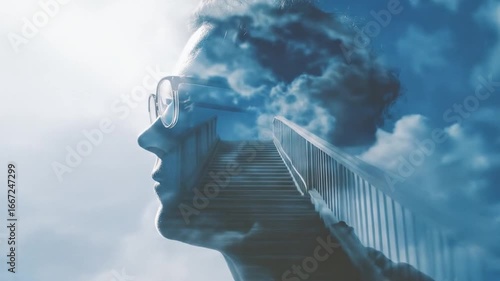 A person's profile, looking upward toward a stairway through the clouds
