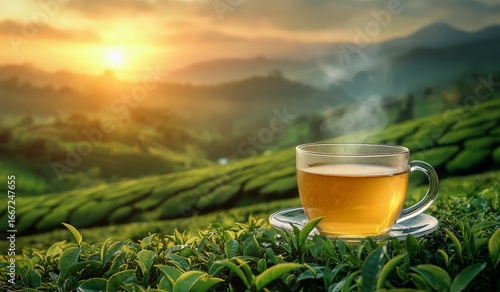Warm Cup of Tea Resting on Fresh Green Tea Leaves at Sunrise in a Scenic Moun...