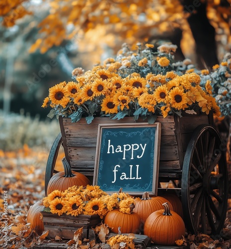 Fall Decoration With Sunflowers and Pumpkins in a Cart at a Park During Autumn