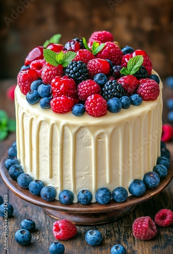Delicious Berry Cake Topped With Fresh Fruit and Mint on a Rustic Wooden Table