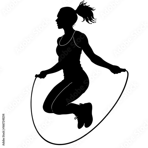 Silhouette vector illustration of a fit woman jumping rope, symbolizing fitness, a healthy lifestyle, and an energetic workout.