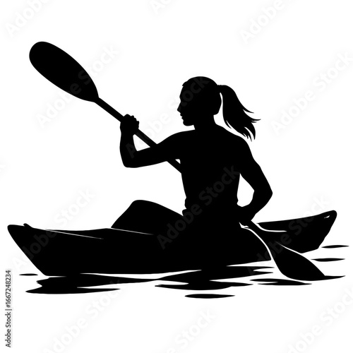 A silhouette vector of a woman paddling a kayak, an energetic illustration of a popular water sport and outdoor hobby.
