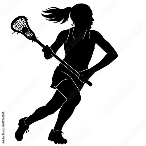 Silhouette of a female lacrosse player running with her stick, an energetic graphic symbolizing speed, athleticism, and women's sports.