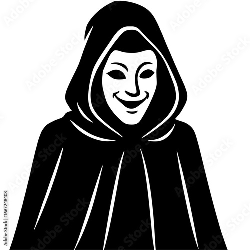 Vector illustration of a mysterious hooded figure with a chilling grin, representing secrecy, fear, and a sinister psychological state.