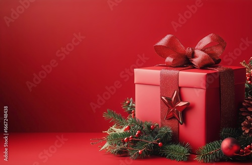 Festive Red Gift Box Adorned With Ribbon and Pine in Warm Holiday Atmosphere