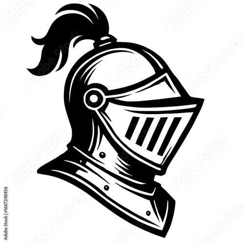 Vector illustration of a medieval knight helmet with a flowing plume, perfect for designs related to history, fantasy, sports mascots, or heraldry.