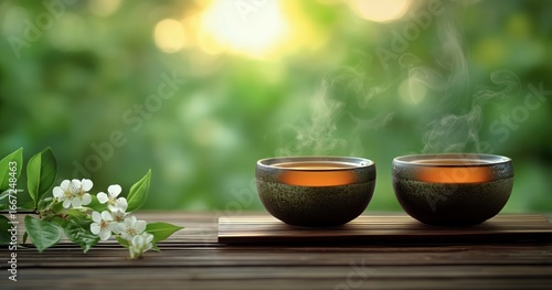 Warm Herbal Tea Served in Clay Bowls With Steam Rising in a Serene Green Gard...