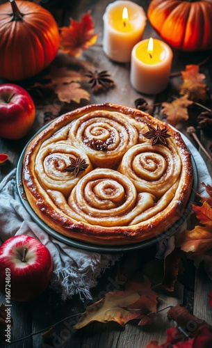Warm Cinnamon Rolls Surrounded by Autumn Decor With Candles and Apples