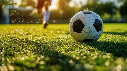 Soccer Ball Rests on Green Grass During Sunset at Practice Field With Players...