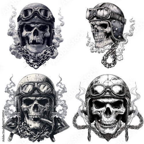 Gothic skull illustration with vintage motorcycle helmet, chains, and smoke. Dark biker artwork for tattoo design, heavy metal themes, and rebellious lifestyle.