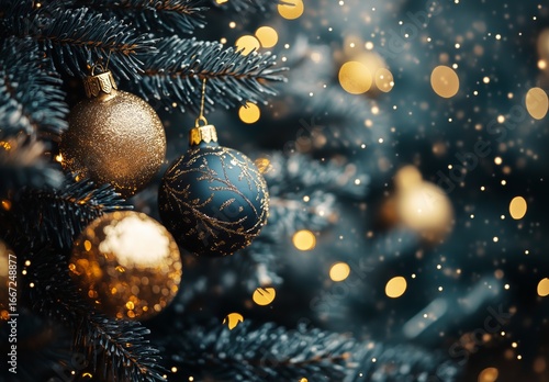 Glimmering Gold Ornaments on a Christmas Tree Illuminated by Soft Lights Duri...