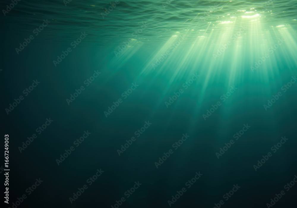 Obraz premium Underwater sunlight rays penetrating deep blue ocean water with rippling surface above