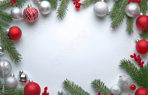 Festive Decorations With Red and Silver Ornaments on Green Pine Branches for ...