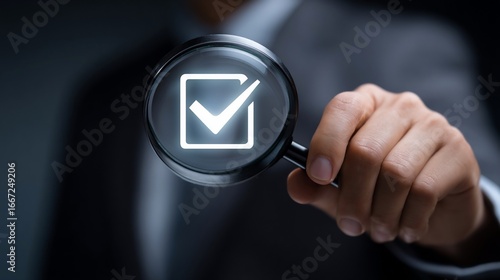 Hand holding magnifier over checkbox, examining agreement, against dark background for verification