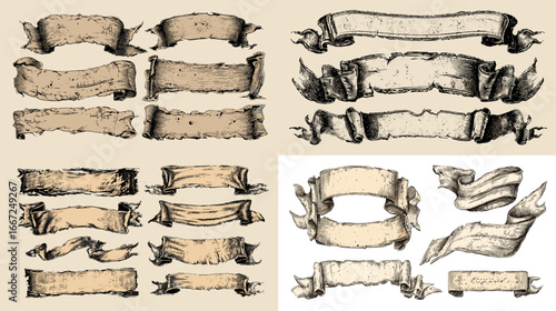 Hand-drawn vintage scroll banners and ribbons with antique texture. Retro engraving illustration ideal for labels, invitations, and decorative design projects.