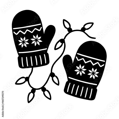 A festive vector illustration of cozy winter mittens and a string of holiday lights, perfect for capturing the feeling of winter cheer.
