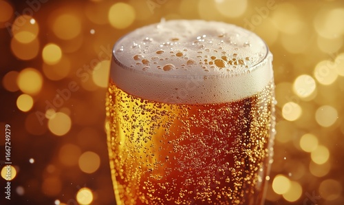 Golden Beer Served in a Frosty Glass With Refreshing Bubbles and Festive Boke...