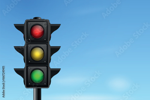 Vector 3d Traffic Light with Red Yellow Green Signals. Urban Traffic Light on Pole. Realistic Traffic Light for Road Safety, City Transportation Rules and Driving Education Concept