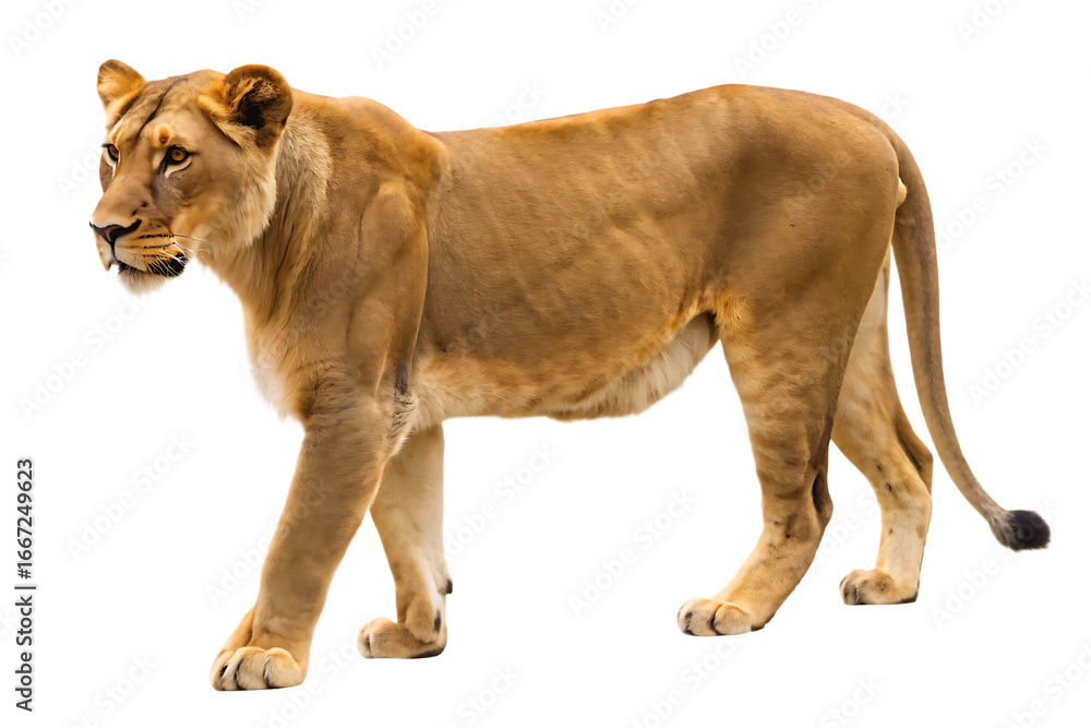 Obraz premium Lioness standing alert on background isolated on a transparent background female lion