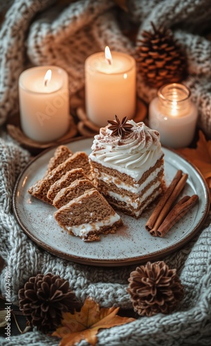 Delicious Layered Dessert With Cookies and Candles in Cozy Autumn Setting.