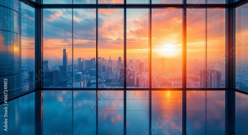 Stunning Sunset View Over a City Skyline From a High-Rise Building in the Eve...