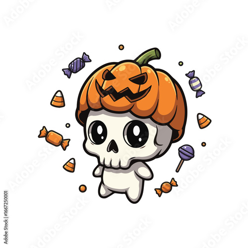 Cute chibi skull character wearing a carved pumpkin helmet, surrounded by colorful candies and lollipops in a fun Halloween cartoon style.