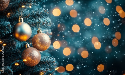 Festive Christmas Decorations With Ornaments and Twinkling Lights During Snow...