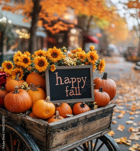 Fall Decoration With Sunflowers and Pumpkins in a Cart at a Park During Autumn.