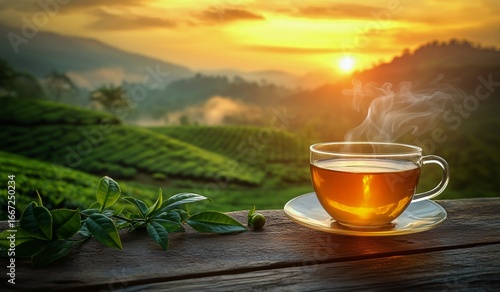 Warm Cup of Tea Resting on Fresh Green Tea Leaves at Sunrise in a Scenic Moun...
