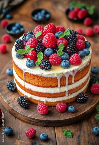 Delicious Berry Cake Topped With Fresh Fruit and Mint on a Rustic Wooden Table.